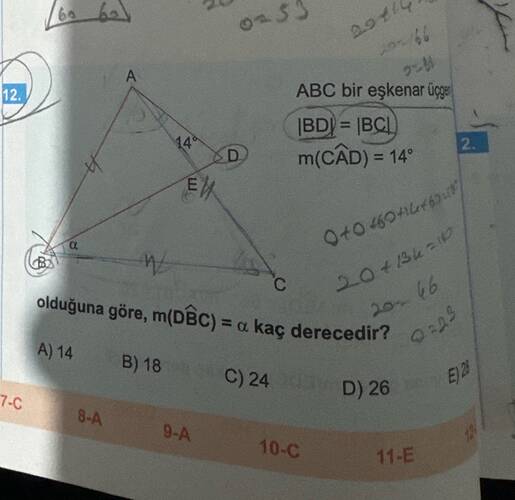 ABC bir eşkenar úçg BD) = BCL) m(CAD) = 14° 9404604u69 7-C c olduğuna göre, m(DBC) = a...