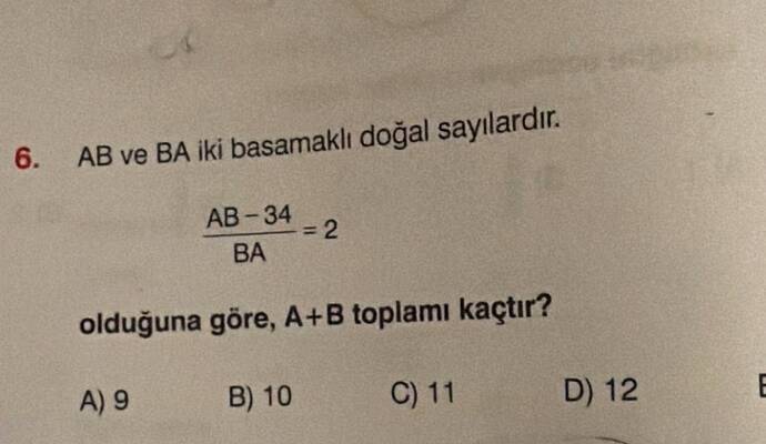 AB ve BA iki basamaklı doğal sayılardır.