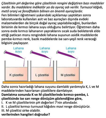 Görselde fen bilimleri öğretmeni, lahana suyu kullanarak K, L ve M çözeltilerinin pH değerlerini belirlemekte ve K ile M çözeltilerinin kırmızı-pembe, L çözeltisinin ise sarı renge dönüştüğünü gösteren bir deney yapmaktadır. (AI tarafından altyazılı)