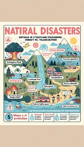 Create an educational poster entirely designed in English. The poster will be for 5th grade students and will be about natural disasters, serving an educational purpose. The poster should cover the following disasters: earthquake, flood, tsunami, volcanic eruption, hurricane, forest fire, landslide, tornado, drought, and avalanche. Add English explanations for each disaster, like: 'Drop-cover-hold on during an earthquake!' or 'Climb to higher places during a flood!' as ways of protection. The poster should be designed on a pastel-toned background and arranged to include headers, short information, and visuals. It should be divided into sections like 'Natural Disasters', 'Causes and Effects of Disasters', and 'Ways of Protection'. The icons and pictures should be fun and explanatory.