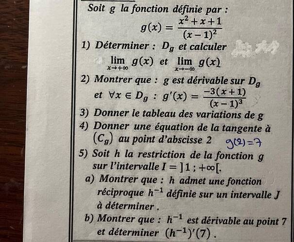 Soit g la fonction définie par1 g(r) = 1) Déterminer1 D, et calculer x+x+1 (-1)2 lim...