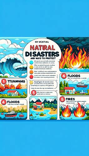 Design an educational image aimed at 5th grade students, providing detailed visuals and content on various types of natural disasters. The title should be 'NATURAL DISASTERS AND WAYS TO PROTECT'. Include a vibrant color theme, featuring tsunamis, droughts, floods, and fires, with descriptions next to each illustration, including a sentence in English with some warnings. The special graphics for protection can have text next to it on what to do during an earthquake such as hiding under a table. The font used should be Arial, which is a sans serif font.