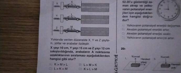 Yukarıda verilen düzenekte X, Y ve Z yayları, yollar ve arabalar özdeştir.