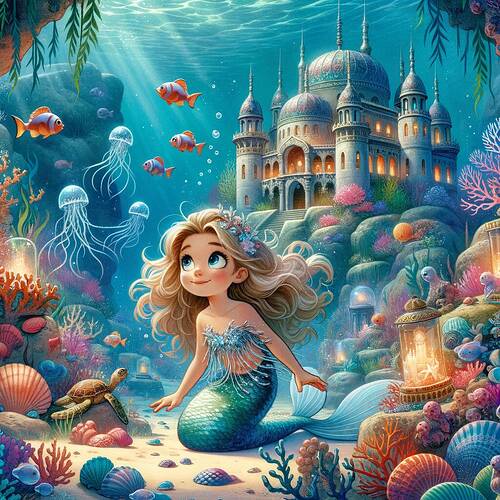 A storybook illustration of an underwater palace scene featuring a curious and brave mermaid named Mercan Kız. The mermaid is depicted with flowing hair, wearing a shimmering seaweed-inspired top. Surrounding her are vibrant, colorful coral reefs teeming with sea creatures like fish, turtles, and jellyfish. The palace is grand and intricate, built of coral, seashells, and glowing underwater gems. The environment is painted in a detailed watercolor art style with soft blue and turquoise tones and natural lighting that creates a serene and magical underwater mood. The focus is on the mermaid exploring her surroundings with wide, inquisitive eyes, evoking curiosity and wonder.