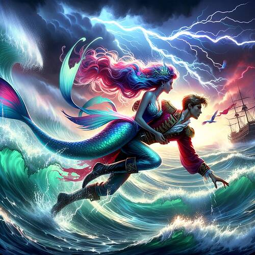 A dynamic fantasy scene in a digital art style resembling a fantasy movie concept art. A mermaid in vibrant colors, named Mercan Kız, is rescuing a prince from a stormy sea. The ocean is depicted with crashing waves and lightning streaking across a stormy sky. The mermaid, with her flowing hair and shimmering tail, carries the unconscious prince on her back while swimming fiercely through the turbulent water. The prince is dressed in royal attire, and his silhouette contrasts with the bright flashes of lightning illuminating the dramatic lighting and intense action of the scene.