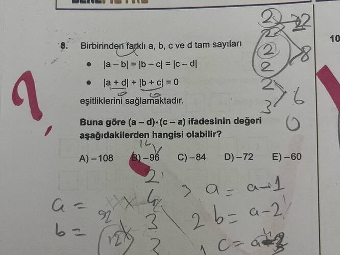 Birbirinden farklı a, b, c ve d tam sayıları • • a + d + eşitliklerini sağlamaktadır.