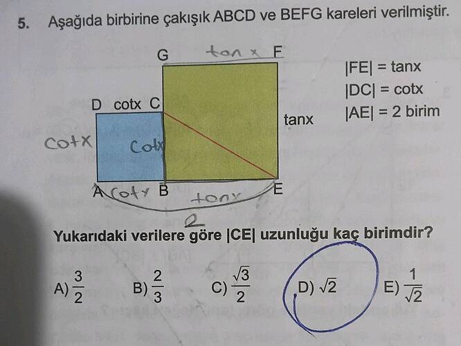 Aşağıda birbirine çakışık ABCD ve BEFG kareleri verilmiştir.