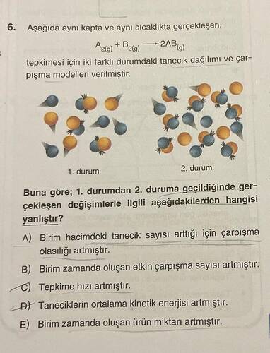 Aşağıda aynı kapta ve aynı sıcaklıkta gerçekleşen, A2(g) + B2(g) longrightarrow 2AB (g)...
