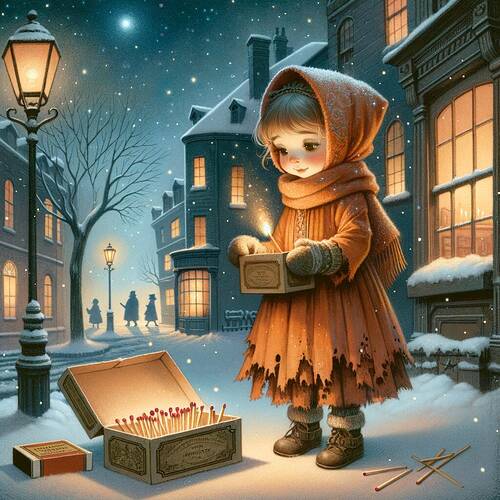 A vintage storybook illustration featuring a little girl standing on a snowy street under a starry night sky. She is wearing an orange tattered dress and a matching headscarf, holding an open box filled with matchboxes in one hand, and a single matchstick in the other. The setting includes old buildings with dimly lit street lamps, snow-covered sidewalks, and silhouettes of people in old-fashioned coats and hats walking in the background. The art style is cozy and detailed with soft lighting and muted colors, evoking a nostalgic and gentle atmosphere.