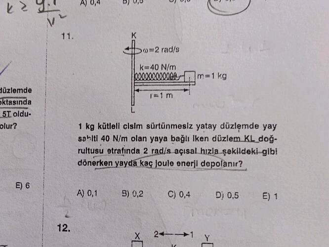 1 kg kütleli cisim sürtünmesiz yatay düzlemde yay sabiti 40 N/m olan yaya bağlı iken...