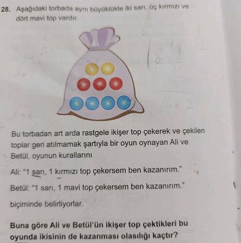 Aşağıdaki torbada aynı büyüklokte iki sar, üç kirmizi ve dört mavi top vardr.
