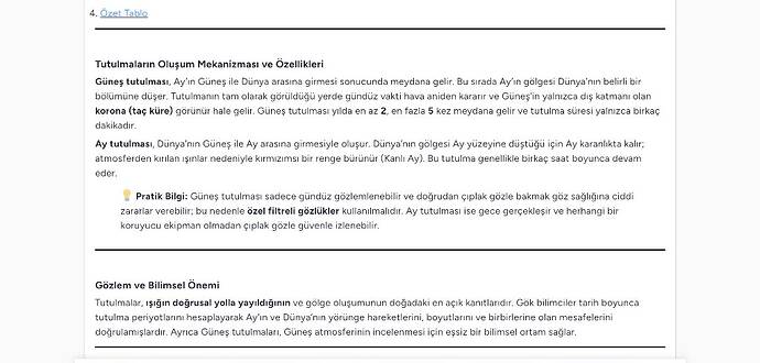 Özet Tablo Tutulmaların Oluşum Mekanizması ve Özellikleri Güneş tutulması, Ay'ın Güneş...