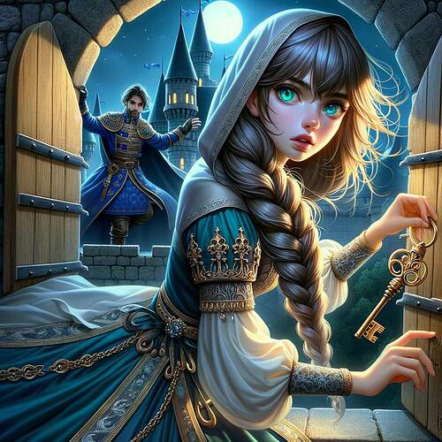 A mysterious girl with turquoise eyes and braided hair is depicted leaning out of a castle window. She wears a flowing medieval-style dress with ornate details. Her expression is a mix of curiosity and sadness as she holds a golden key, dropping it from the window. Below, a hidden prince with a royal outfit in deep blue and gold stands concealed among the shadows, his face showing determination as he reaches out to catch the key. The castle is an ancient stone structure surrounded by a lush, moonlit forest, creating a magical and enigmatic ambiance.