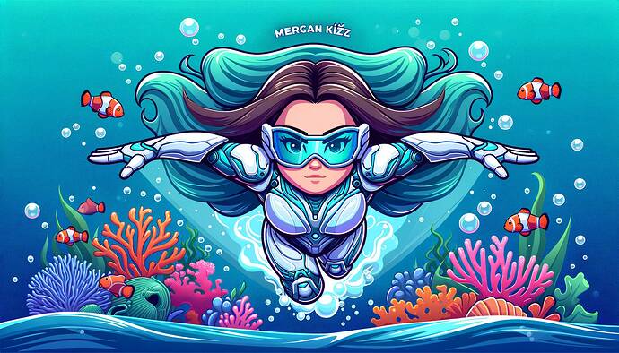 A cartoon-style underwater scene featuring a confident character named Mercan Kız swimming forward. The character has a determined expression, vibrant colors, and is surrounded by ocean elements like coral reefs, fish, and bubbles. Mercan Kız has long flowing hair, is wearing a unique futuristic swimming suit, and appears in motion, cutting gracefully through the water.