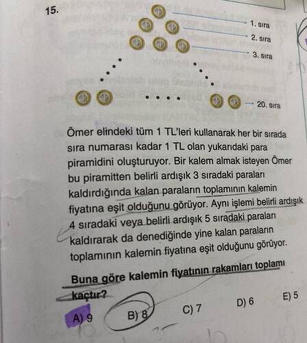 Ömer elindeki tüm 1 TL'leri kullanarak her bir sırada sıra numarası kadar 1 TL olan...