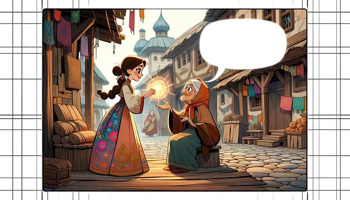 A whimsical and colorful cartoon-style illustration inspired by classic animation, depicting a young woman, Mercan Kız, receiving a glowing magical needle from an elderly wise woman in a rustic village square. The young woman has her hair tied back and is wearing a flowing, traditional outfit adorned with intricate patterns. The elderly woman is small and hunched, dressed in weathered but vibrant clothing, with a kind expression and a headscarf. The village square is lively and quaint, with cobblestone paths and wooden stalls selling goods. The overall atmosphere is magical and inviting. A blank white speech bubble is placed in the frame, as if part of a storyboard scene.