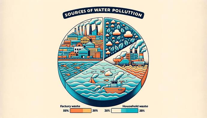 Generate a detailed and visually clear pie chart illustrating sources of water pollution. The pie chart should be color-coded, with each segment representing a different source: 50% representing factory waste, 30% denoting household waste, and the remaining 20% attributed to agricultural chemicals.