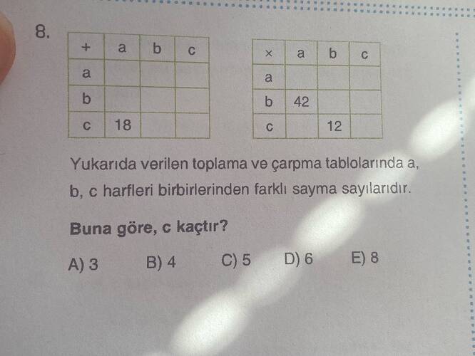 a b Yukarıda verilen toplama ve çarpma tablolarında a, b, c harfleri birbirlerinden...