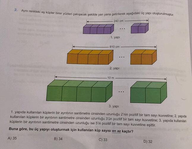 Aynt renkteki eş küpler birer yüzleri çakışacak şekilde yan yana getirilerek aşağıdaki...