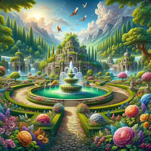 A vibrant depiction of a lush green kingdom surrounded by forests and rivers. The scene features flowing fountains and blooming flowers of multiple colors, landscaped gardens, and ancient stone pathways. The kingdom is adorned with intricate stone buildings, some with ivy growing along their walls, giving an old yet magical appearance. Birds flying in a clear blue sky and sunlight streaming through scattered clouds illuminate the area. The focus is on a central majestic fountain with crystal-clear water, surrounded by petals and flora. The scene evokes harmony with nature, elegance, and beauty within an untouched, serene country setting.