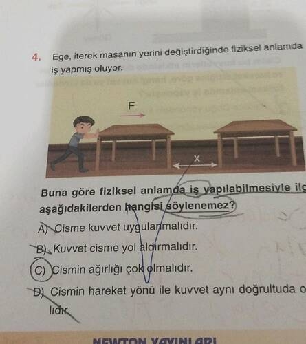 Ege, iterek masanın yerini değiştirdiğinde fiziksel anlamda iş yapmiş oluyor.