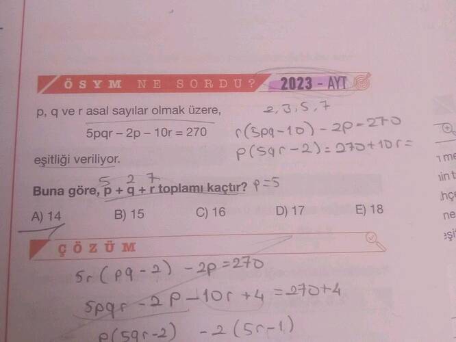 ösY MNE sORDU 2023 - AYIE P, q ve rasal sayılar olmak üzere, 5pqr-2p - 10r =270...