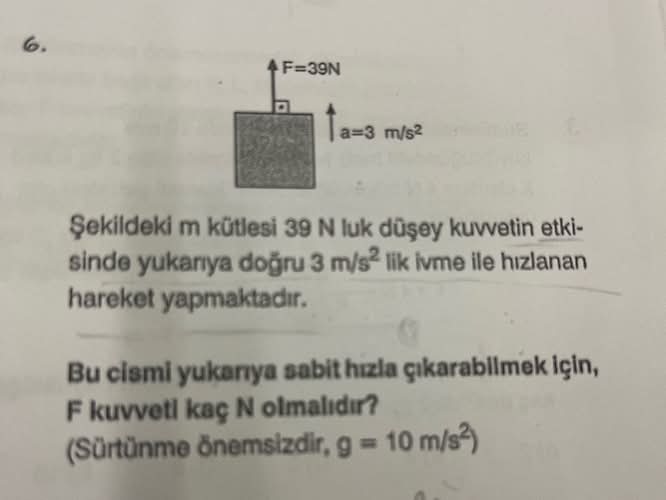 Şekildeki m kütlesi 39 N luk düşey kuvvetin etkisinde yukarıya doğru 3 m/s² lik ivme...