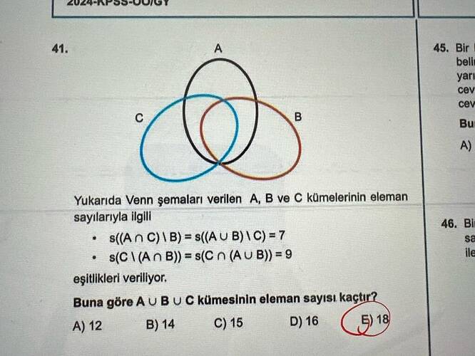Bir beli yarı cev Bur sayılarıyla ilgil s((An c)IB) = s(AUB) ) =7 • s(C An B) =...