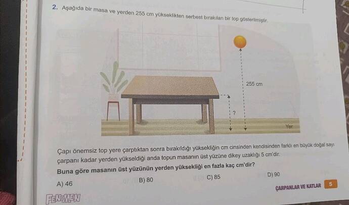 Aşağıda bir masa ve yerden 255 cm yükseklikten serbest bırakılan bir top gösterilmiştir.