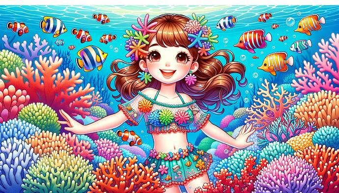 A colorful underwater scene showing a young girl wearing coral-themed clothes and accessories, swimming happily among vibrant coral reefs and a variety of tropical fish. The girl has a joyful and playful expression, her hair flowing gracefully in the water. The coral-themed clothes are designed with intricate patterns and vibrant colors. The underwater environment is bright and detailed, showcasing vivid coral formations in shades of red, orange, pink, and purple, with schools of colorful fish swimming around. The art style is cartoon-like with a cheerful and lively atmosphere.