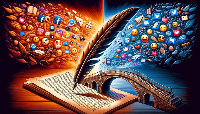 An impressive visual representation of the interaction between literary language and social media language: the image depicts a historical quill elegantly writing a literary text on paper, and from one side, a bridge is flowing with social media emojis and modern digital slang words from a digital screen.