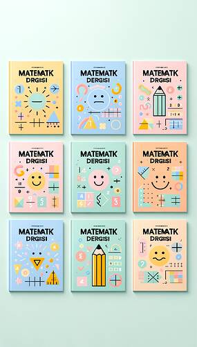Create a cheerful and minimalist set of six covers for a 5th grade children's math magazine called 'Matematik Dergisi'. Each cover should feature a pastel-colored background in shades like light yellow, soft pink, pale blue, mint green, lavender, and peach. Include simple, playful math-related symbols such as addition symbols and division signs, as well as geometric shapes like triangles and circles scattered across each cover. Also, add a smiling cartoon pencil or ruler on each cover. The magazine title 'Matematik Dergisi' should be prominently displayed at the center in a bold, child-friendly font. The designs should be uncluttered and visually engaging, with a minimalist aesthetic that appeals to 5th graders.