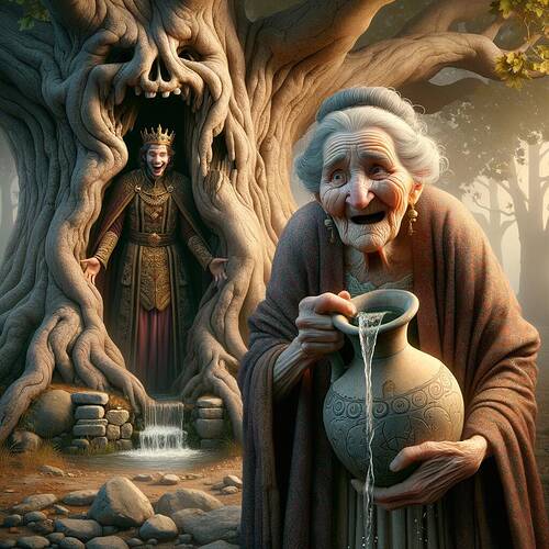 An old woman with wrinkles and gray hair, wearing a traditional dress, holding a broken water jug with water spilling out, her face showing a mix of surprise and anger. She is standing beside a large and ancient plane tree with expansive branches and a nearby small stone fountain with water flowing. Behind the tree, partially obscured, is a shadowy figure of a prince wearing a regal robe and crown, portrayed laughing mischievously. The scene has a mystical and slightly whimsical atmosphere with soft lighting.