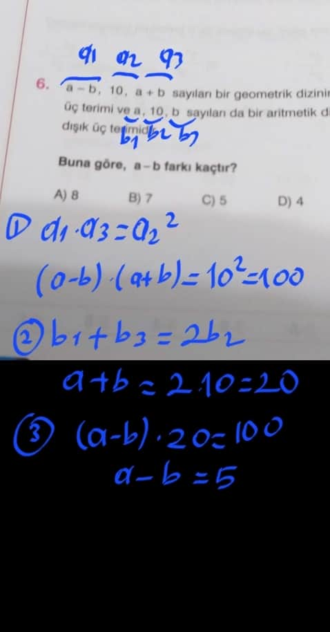 A-b, 10, A+b Sayıları Bir Geometrik Dizinin Ardışık üç Terimi Ve A, 10 ...