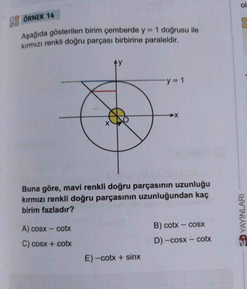 Alpha 2 Go S ÖRNEK 14 Asağıda gösterilen birim çemberde y 1 doğrusu ile kurmızi ...
